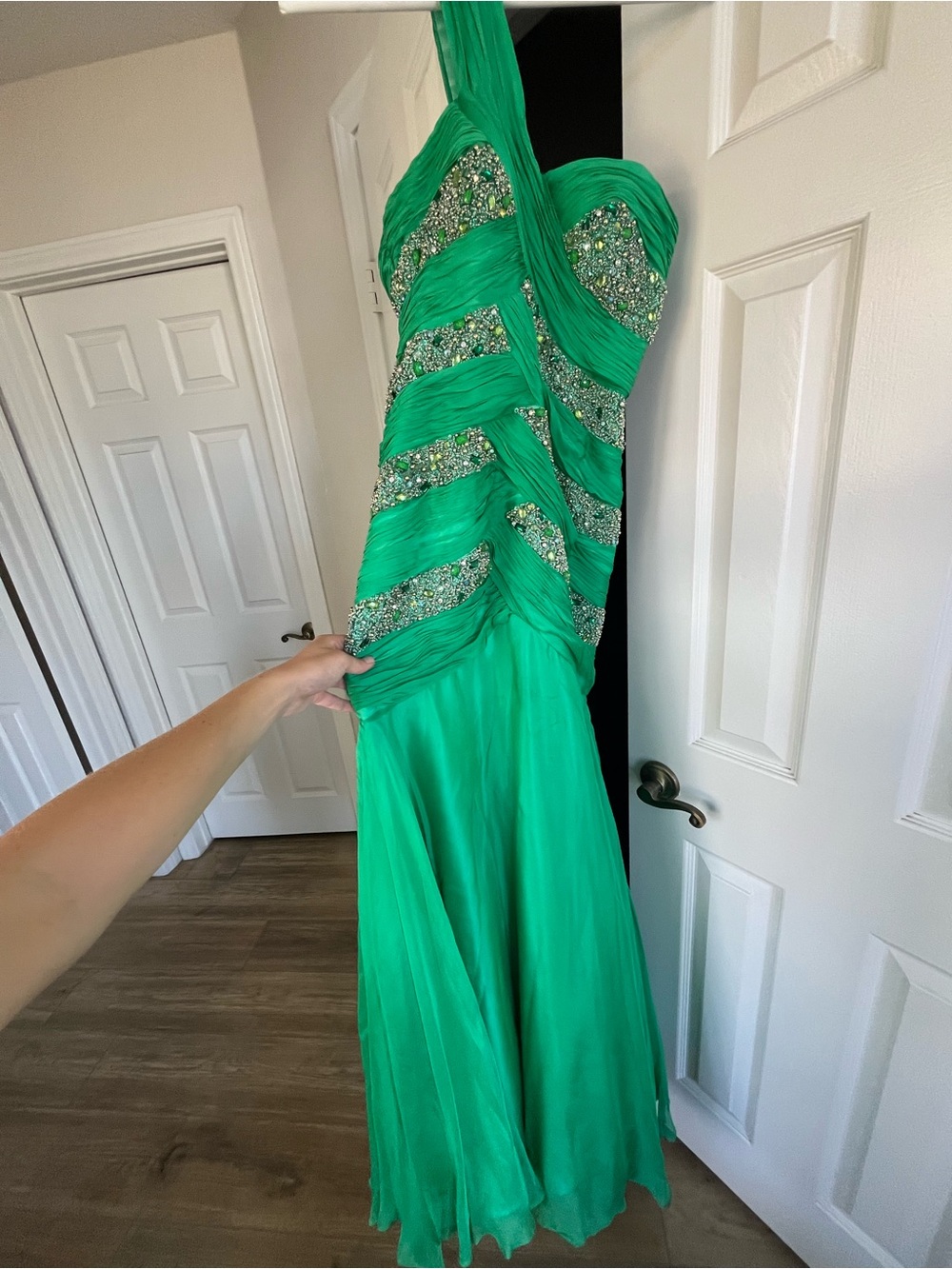 Mac Duggal Emerald One-Shoulder Evening Gown with Beaded Insets